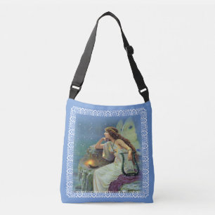 Fairy in White Gown on Cliff With Harp Candle Blue Crossbody Bag
