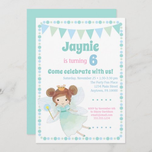 Fairy Invitation Brunette Girls Birthday Party