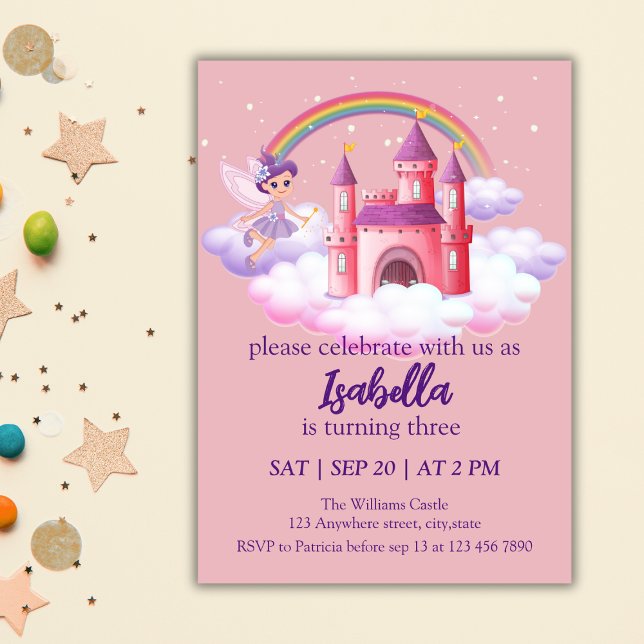 Fairy Kid's Birthday Fairytale Castle Rainbow  Invitation (Creator Uploaded)