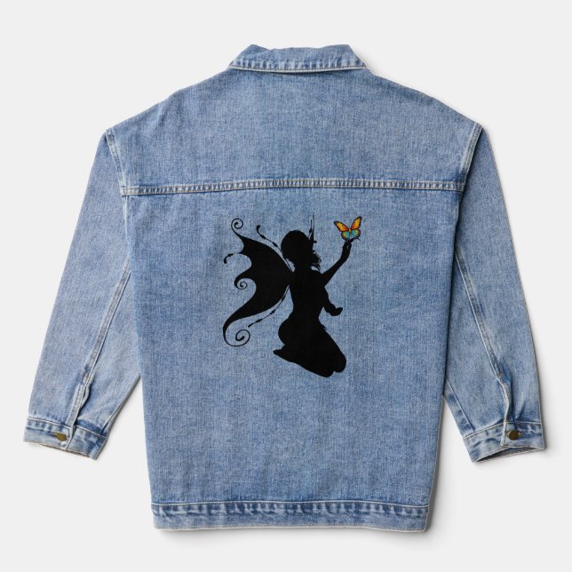FAIRY KNEELING & BUTTERFLY ART DENIM JEAN JACKET (Back)