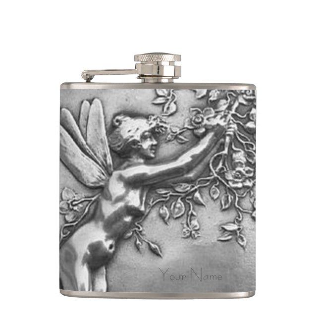 Fairy Lady Antique Silver Repousse Whiskey Nip Flask (Front)