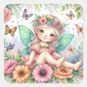 Fairy land with flowers watercolor square sticker
