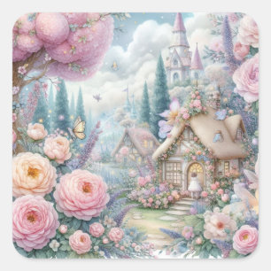 Fairy land with flowers watercolor square sticker