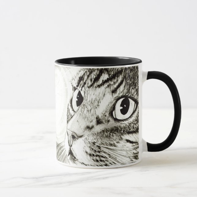Fairy Light Tabby Cat Black and White Art Mug (Right)