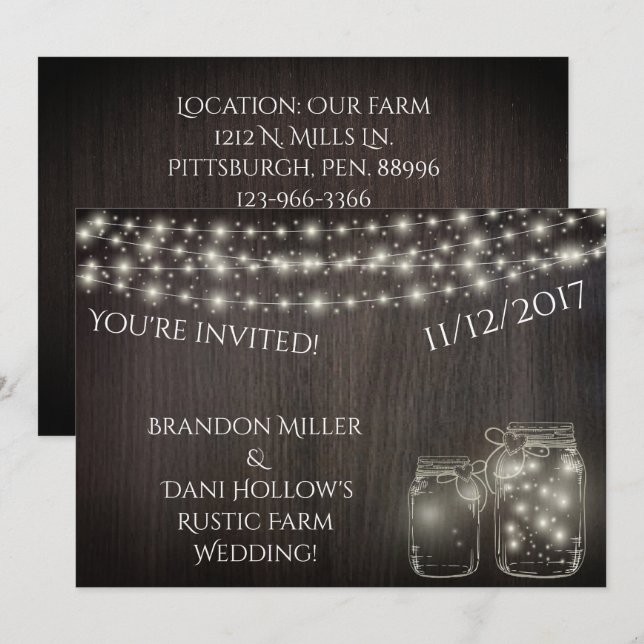 Fairy Lights and Mason Jars Over Wood Invitations (Front/Back)