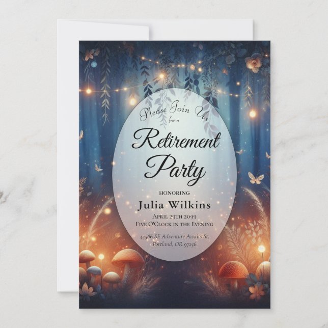 Fairy Lights in a Moonlit Forest Retirement Party Invitation (Front)