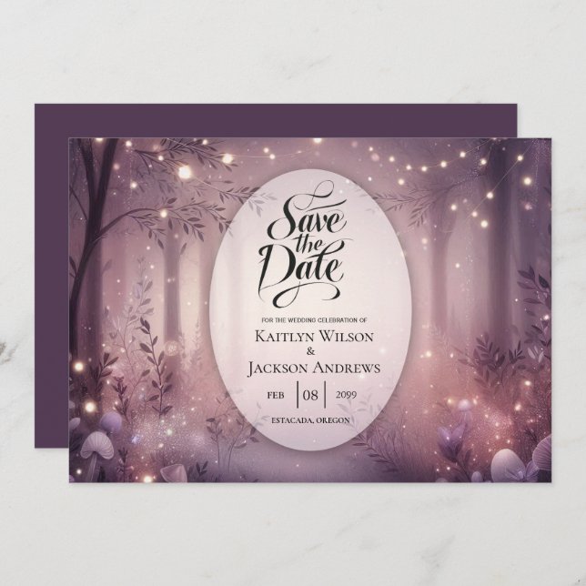 Fairy Lights in Woodland Glow Wedding Save The Date (Front/Back)