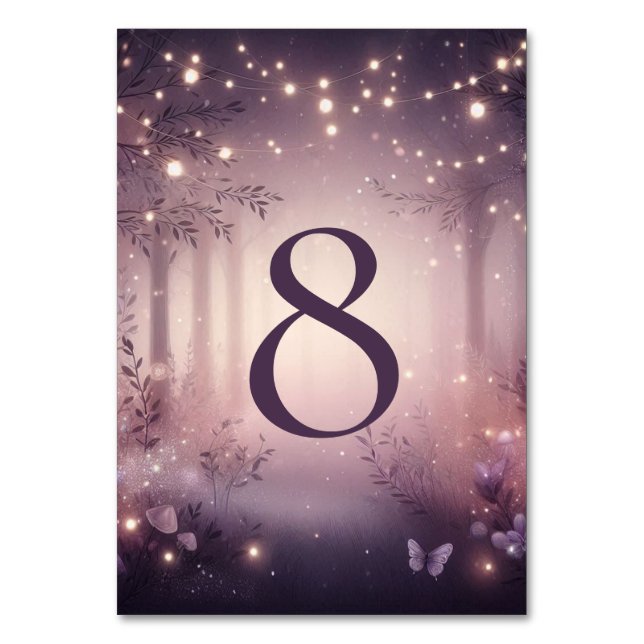 Fairy Lights in Woodland Glow Wedding Table Number (Front)