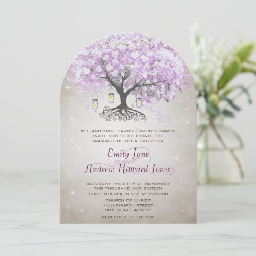 Mason Jar Radiant Lavender Leaf Tree Wedding Custom Invite