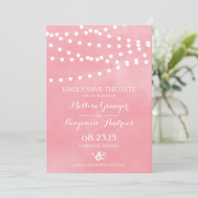 Fairy Lights Pink Watercolor Wedding Save the Date Invitation (Standing Front)