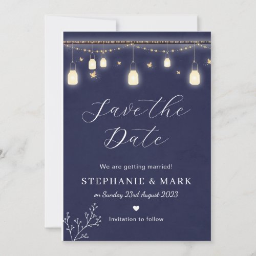 Fairy lights save the date navy blue wedding invitation