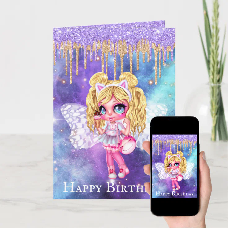 Fairy magic glitter sky DIY girls birthday anime Card | Zazzle
