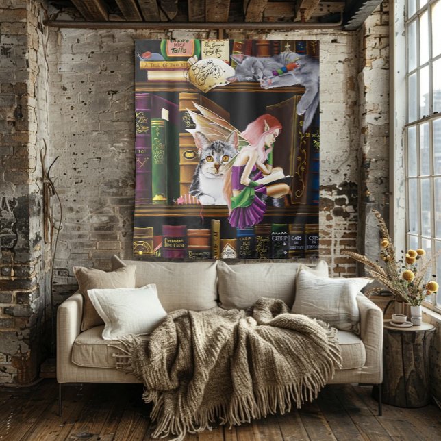 Fairy Magical Cats Enchanted Library Books Tapestry (Creator Uploaded)