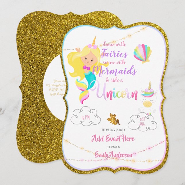Fairy Mermaid Unicorn Invitations Gold Glitter (Front/Back)