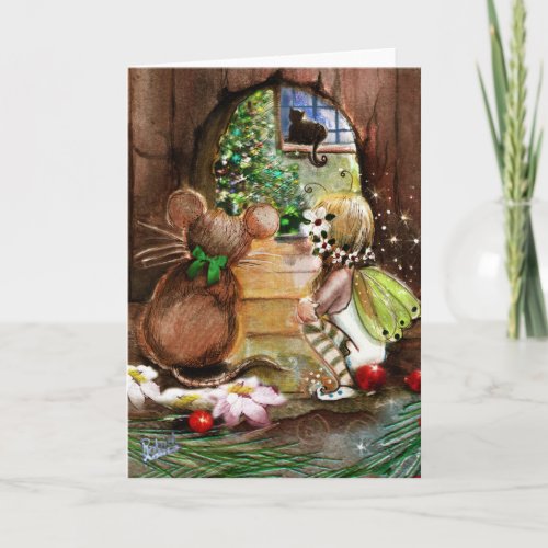 Fairy Mouse and Cat Christmas Greeting Holiday Card