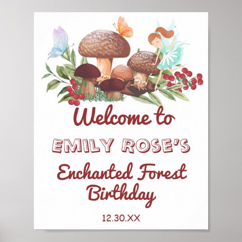 Fairy Mushroom Butterfly Enchanted Forest Birthday Poster