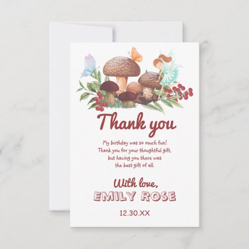Fairy Mushroom Butterfly Enchanted Forest Birthday Thank You Card