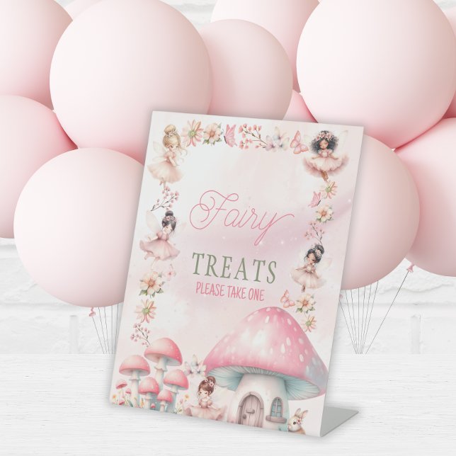 Fairy Mushroom House Pink Birthday Favors Pedestal Sign (Creator Uploaded)