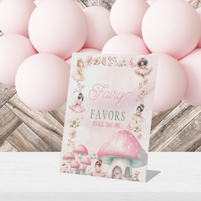 Fairy Mushroom House Pink Birthday Favors Pedestal Sign (Creator Uploaded)