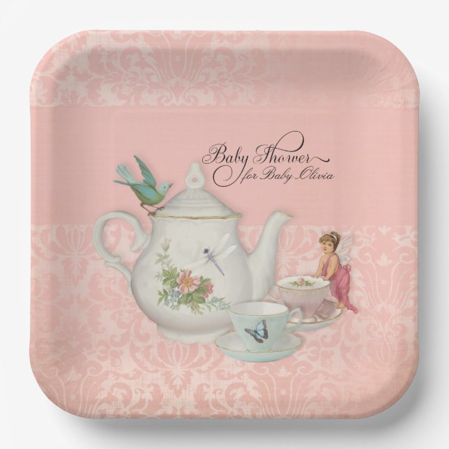 Fairy n Bird Tea Party Floral Pink Baby Shower Paper Plates (Front)