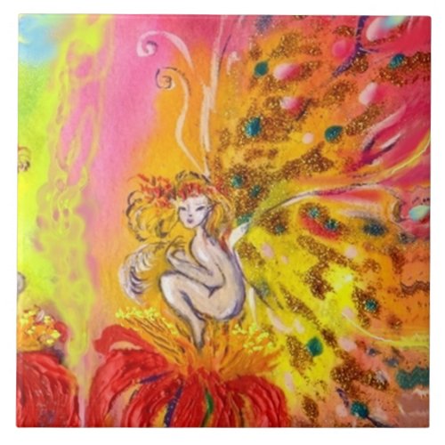 FAIRY OF DAWN WITH RED FLOWERS Fantasy Ceramic Tile