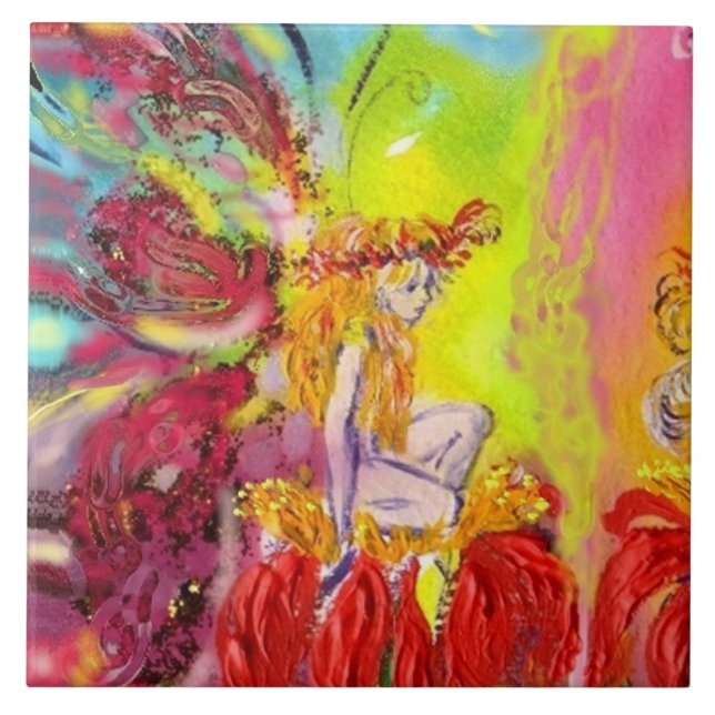 FAIRY OF DAWN WITH RED FLOWERS Fantasy Ceramic Tile (Front)