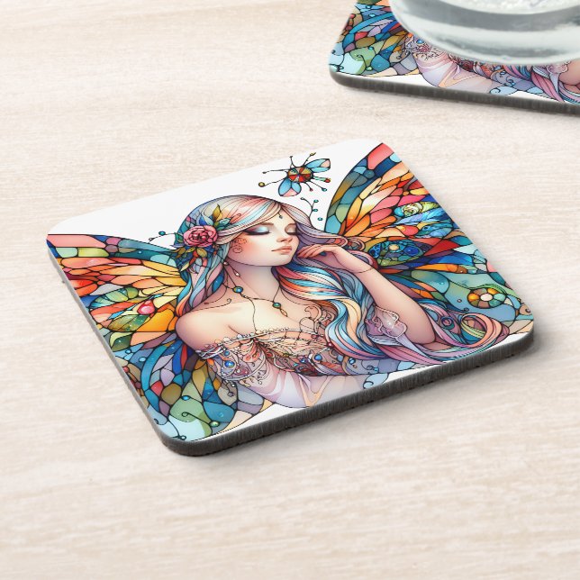 Fairy of Light Stained Glass-Inspired Fantasy Art Beverage Coaster (Left Side)