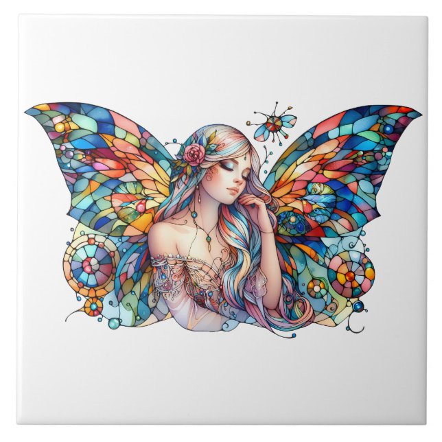 Fairy of Light Stained Glass-Inspired Fantasy Art Ceramic Tile (Front)