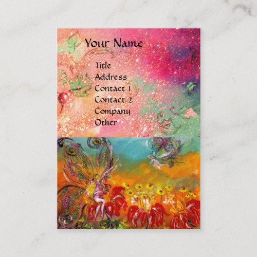 FAIRY OF RED FLOWERS Pink Green Floral Sparkles Business Card