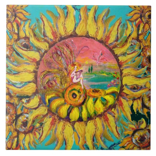 FAIRY OF SUNFLOWERS PLAYING LYRA Fantasy Floral Ceramic Tile