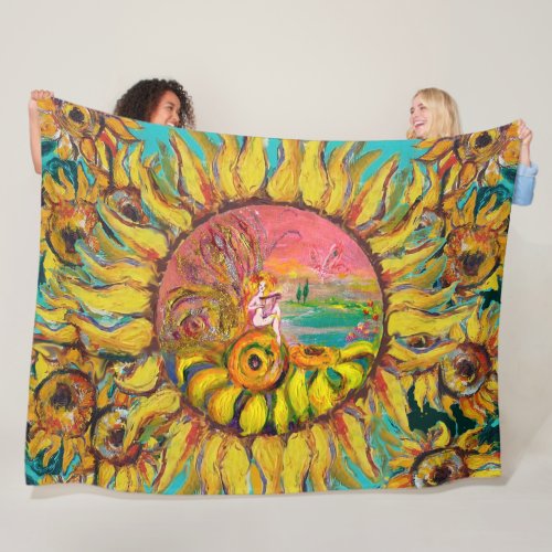 FAIRY OF SUNFLOWERS PLAYING LYRA Fantasy Floral Fleece Blanket