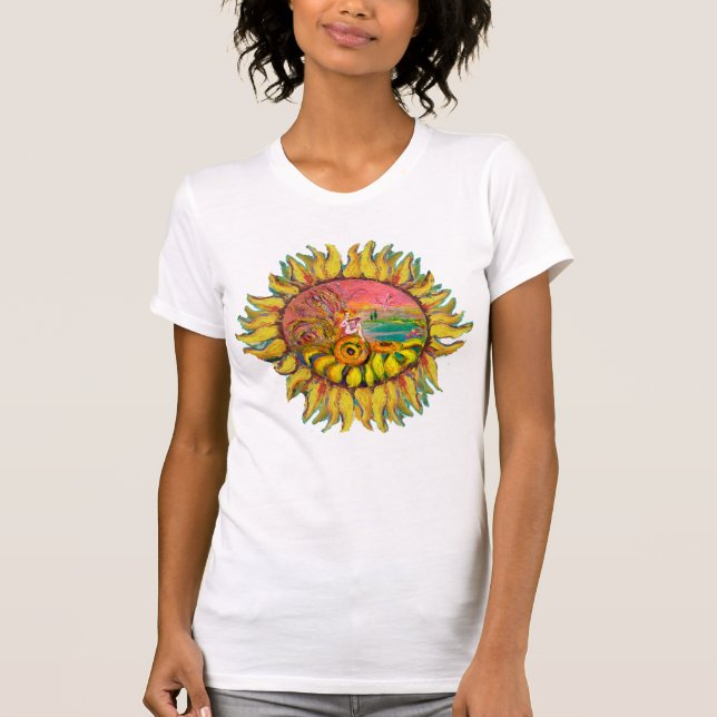 FAIRY OF SUNFLOWERS PLAYING LYRA Fantasy Floral T-Shirt (Front)