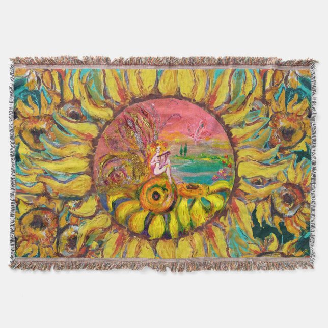 FAIRY OF SUNFLOWERS PLAYING LYRA Fantasy Floral Throw Blanket (Front)