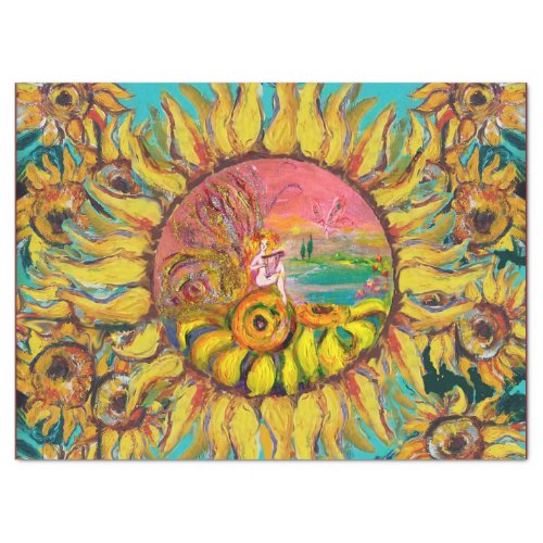 FAIRY OF SUNFLOWERS PLAYING LYRA Fantasy Floral Tissue Paper
