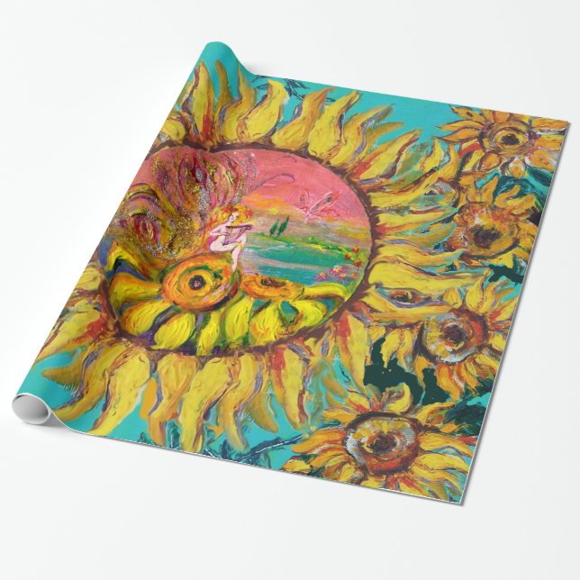 FAIRY OF SUNFLOWERS PLAYING LYRA Fantasy Floral Wrapping Paper (Unrolled)