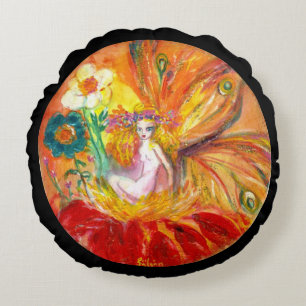 FAIRY OF THE FLOWERS ,Black Fantasy Round Pillow