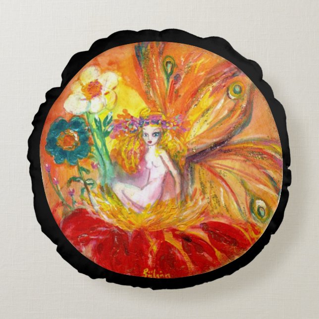 FAIRY OF THE FLOWERS ,Black Fantasy Round Pillow (Front)