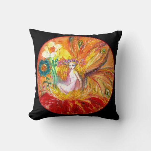 FAIRY OF THE FLOWERS Black Red Yellow Fantasy Throw Pillow
