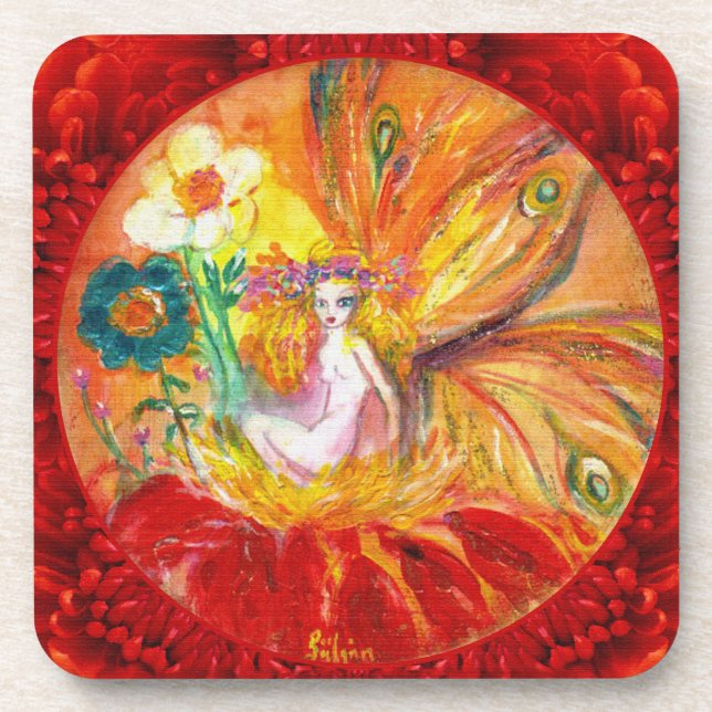 FAIRY OF THE FLOWERS Red Yellow Fantasy Beverage Coaster (Front)