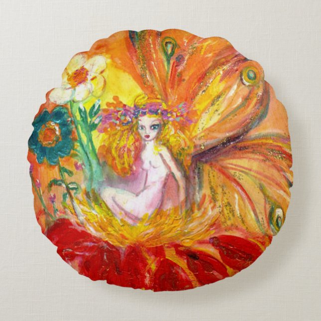 FAIRY OF THE FLOWERS Red Yellow Fantasy Round Pillow (Front)
