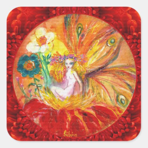 FAIRY OF THE FLOWERS Red Yellow Fantasy Square Sticker