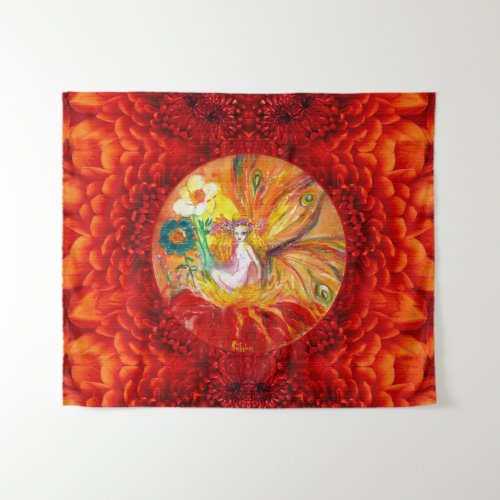 FAIRY OF THE FLOWERS Red Yellow Fantasy Tapestry