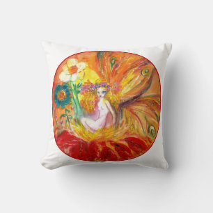 FAIRY OF THE FLOWERS ,Red Yellow White Fantasy Throw Pillow