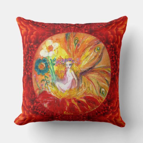 FAIRY OF THE FLOWERS Red Yellow White Fantasy Throw Pillow