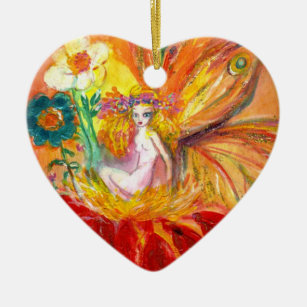 FAIRY OF THE FLOWERS Vibrant Red Ruby Heart Ceramic Ornament