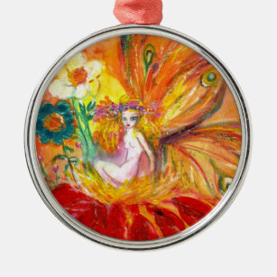 FAIRY OF THE FLOWERS Vibrant Red Ruby Metal Ornament