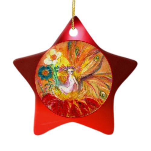 FAIRY OF THE FLOWERS Vibrant Red Ruby Star Ceramic Ornament