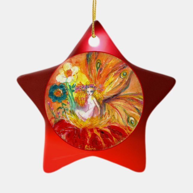 FAIRY OF THE FLOWERS Vibrant Red Ruby Star Ceramic Ornament (Front)