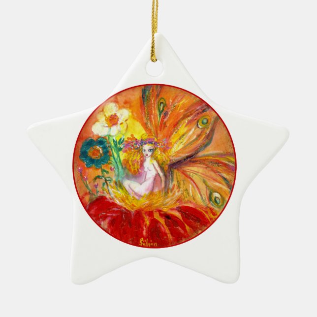FAIRY OF THE FLOWERS Vibrant Red Ruby Star Ceramic Ornament (Front)