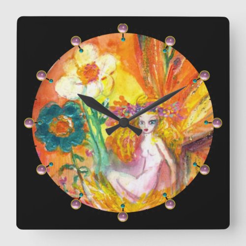 FAIRY OF THE FLOWERS Yellow Black Fantasy Square Wall Clock